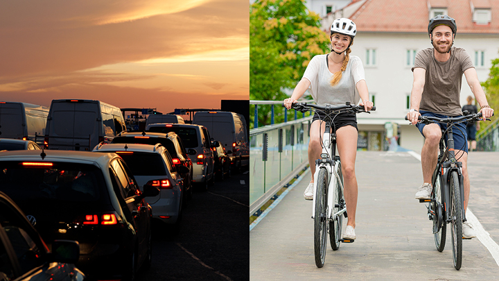 Links ist eine Autokolonne im Stau zu sehen, rechts zwei Personen auf Fahrrädern, die glücklich in die Kamera lächeln.