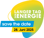 Logo des Langen Tag der Energie 2025.Es handelt sich um eine unförmige Form in den Farben gelb, grün und blau. Darauf ist der Schriftzug "Langer Tag der Energie Safe the date 28.Juni.2025" zu sehen.