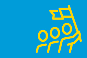 Eine Darstellung einer Reihe Personen, die von einer Person mit Flagge in der Hand angeführt werden