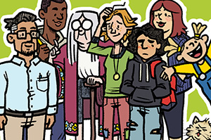 Eine Sammelaufnahme aller Charaktere der Klimanachbarn, von rechts nach links: Zwiebel, Hannah, Mikhail, Mia, Mona, Berteltraud, Yemi und Kassim.