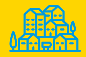 Die Darstellung einer größeren Ansammlung von Häusern zu einer Gemeinde.