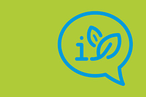 Eine Sprechblase, in der ein i für Informationen steht und ein Blatt daneben abgebildet ist.