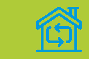 Die Darstellung eines Hauses, in welchem mit zwei einander umkreisenden Pfeilen die Zirkulation von Luft angedeutet wird.