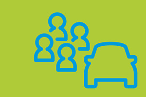 Der Umriss eines Autos, neben dem vier Umrisse von Personen zu sehen sind.