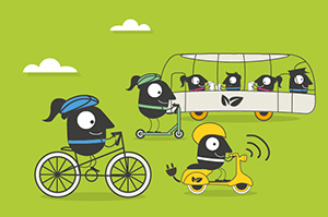 Mehrere schwarze Umrisse stellen Personen dar, die jeweils auf einem Fahrrad, Moped und Scooter fahren oder in einem Bus sitzen.