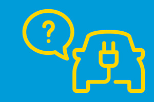 Die Darstellung eines Elektroautos, von dem eine Sprechblase mit einem Fragezeichen darin abgeht.